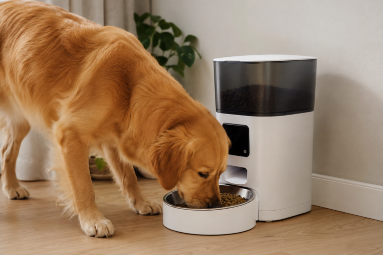 Gouden retriever bij automatische voerbak