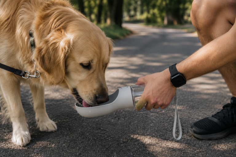 Hond drinkt onderweg uit fles